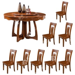 居将实木餐桌圆盘餐桌椅组合1.5米圆桌8把餐椅