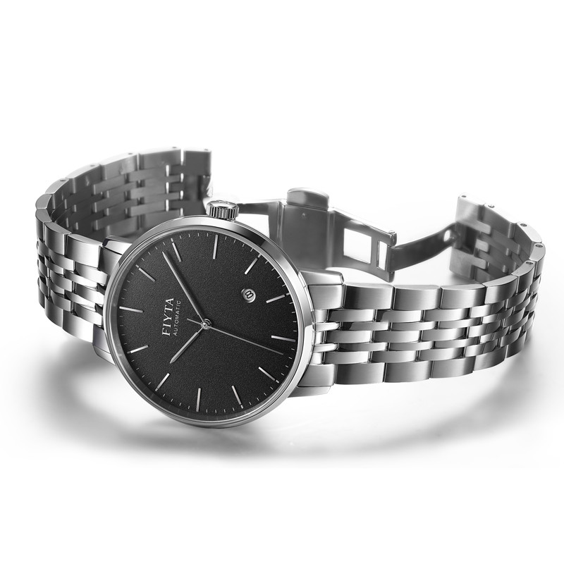 飞亚达(fiyta)手表 经典系列手表男士机械表 钢带日历商务腕表 黑盘