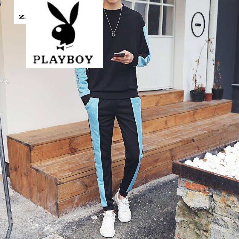 花花公子卫衣套装男春秋个性拼接休闲装男韩版