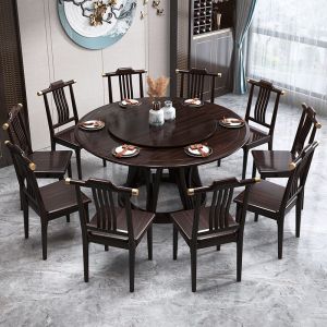 梵宜新中式岩板圆桌实木餐桌椅组合简约家用小户型餐厅实木桌子