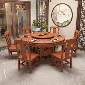 梵宜 金花梨木餐桌椅子8实木仿古中式家用圆形饭桌带转盘组合8802