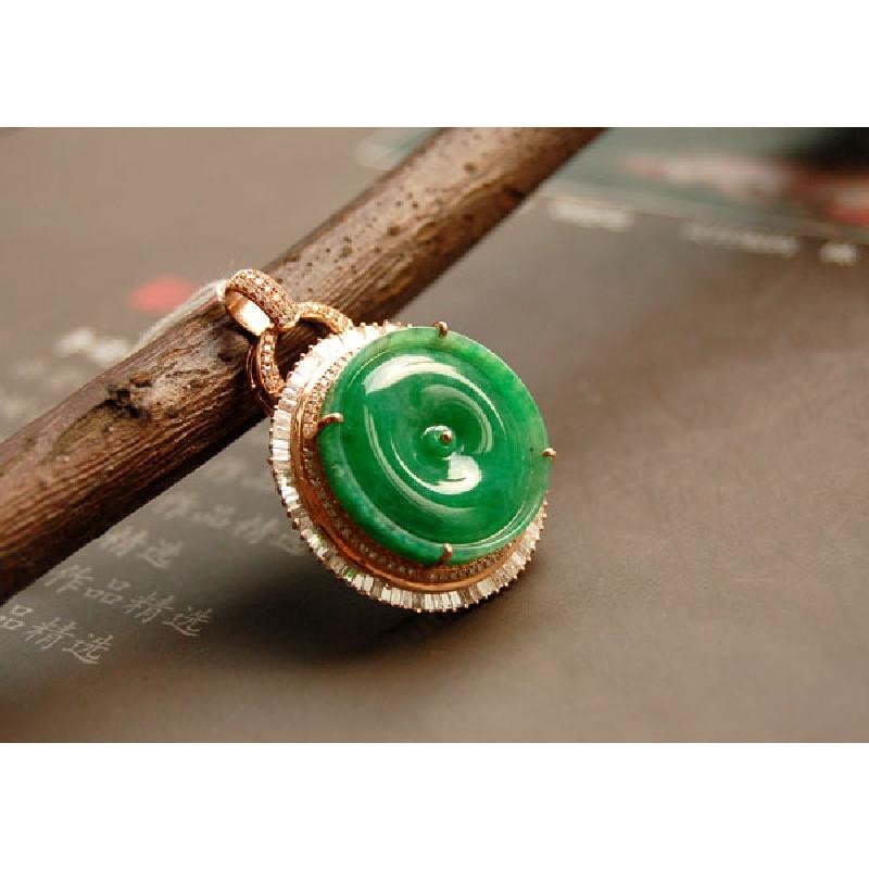 天生珠宝7938光芒梯钻满色正阳绿高货平安扣