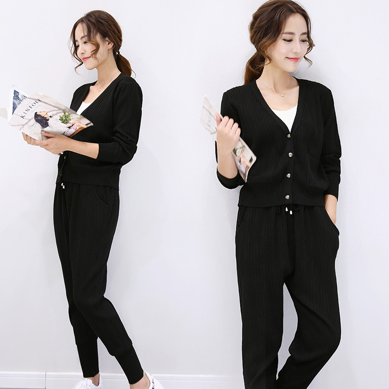 欧洲站2016秋装欧货潮针织套装女时尚气质显瘦两件套裤休闲女装秋