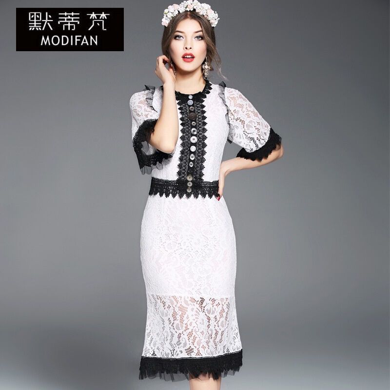 默蒂梵2017春季新款欧美时尚女装蕾丝拼接水