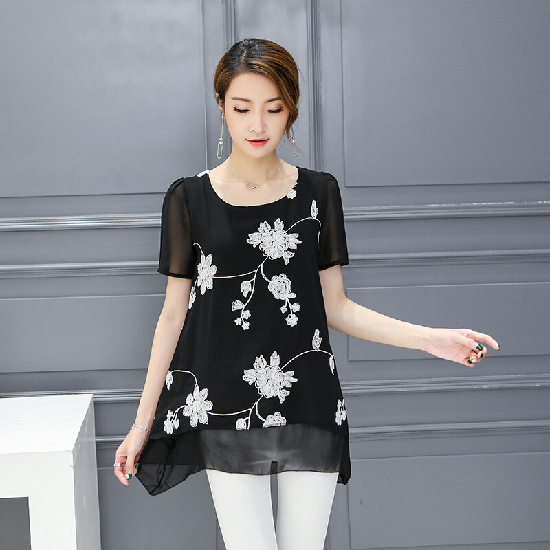 翡百裙2017新款中长款碎花打底短袖韩版上衣