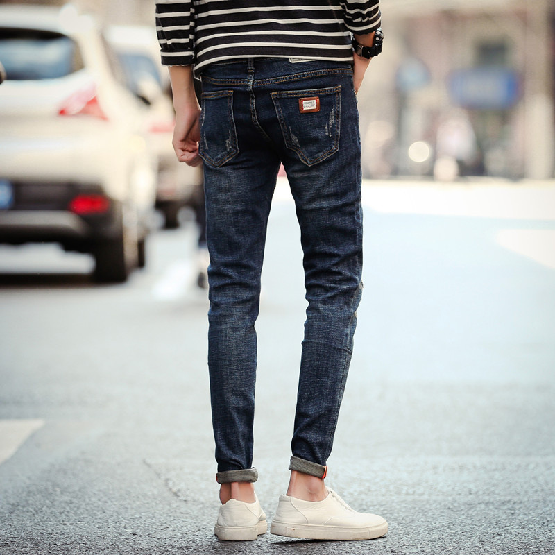 uyuk秋季新款男生修身小脚裤子弹力男士长裤破洞韩版日系潮流男牛仔裤