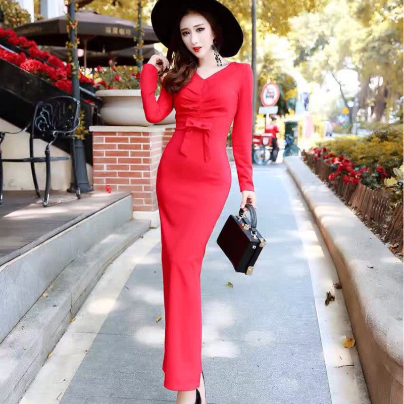 娇米诗2017春夏季V领抓皱蝴蝶结紧身包臀开叉