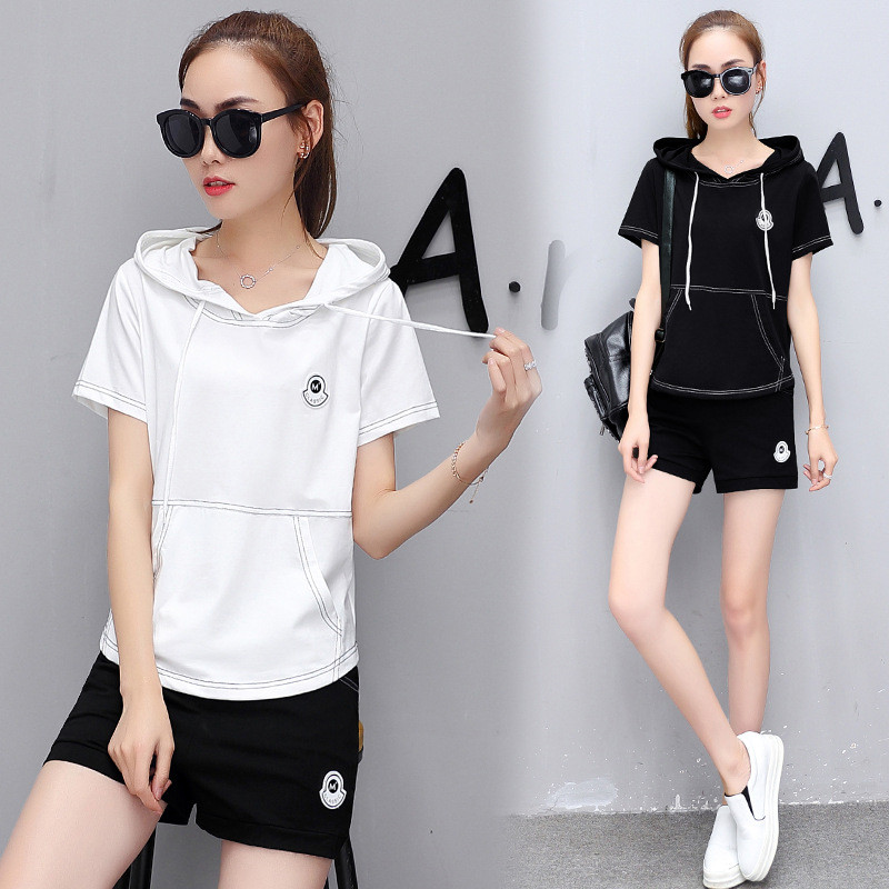 娇米诗2017运动套装女夏装新款连帽T恤短袖短
