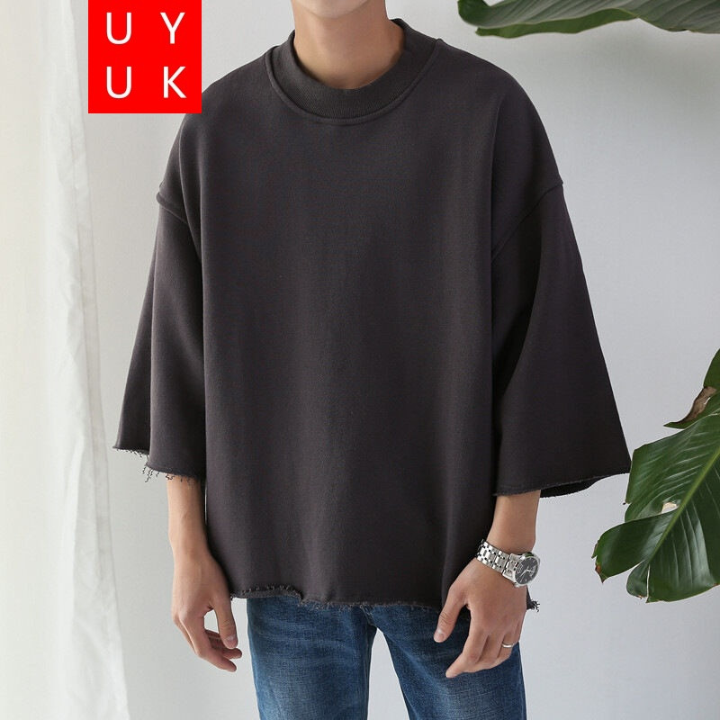 UYUK2017男装七分袖双面穿超宽松卫衣圆领半