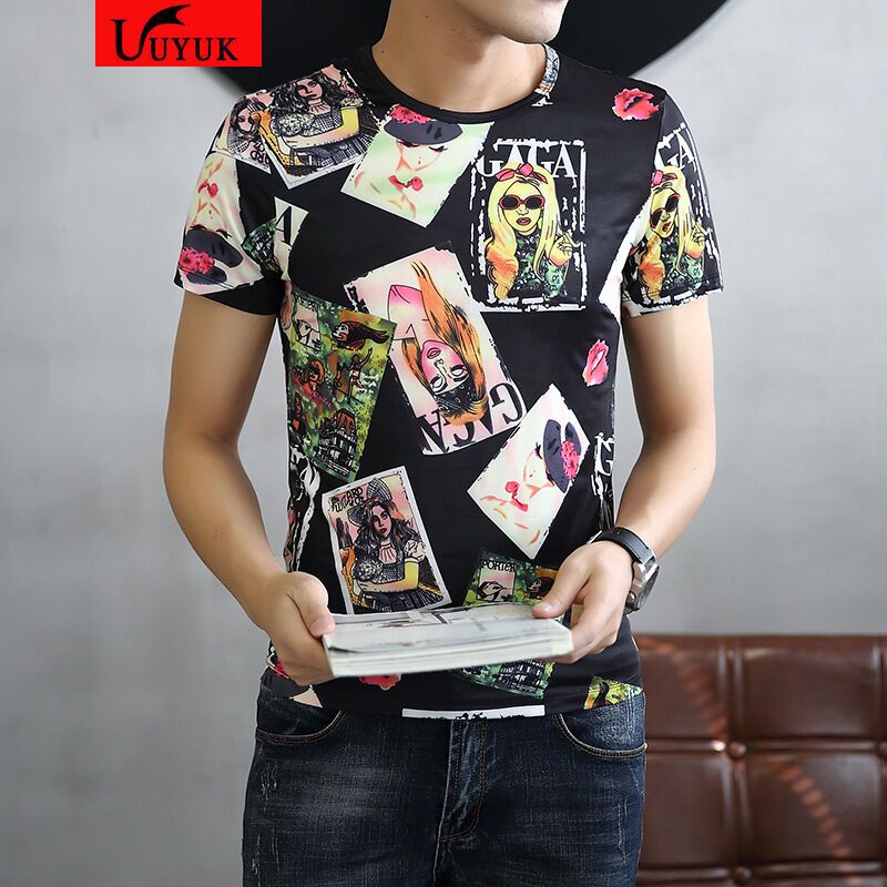 UYUK男式短袖T恤圆领冰丝紧身男装体恤花纹