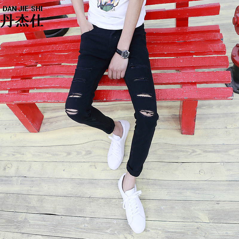 杰仕2017夏款潮流膝盖破洞9分裤子乞丐裤 男