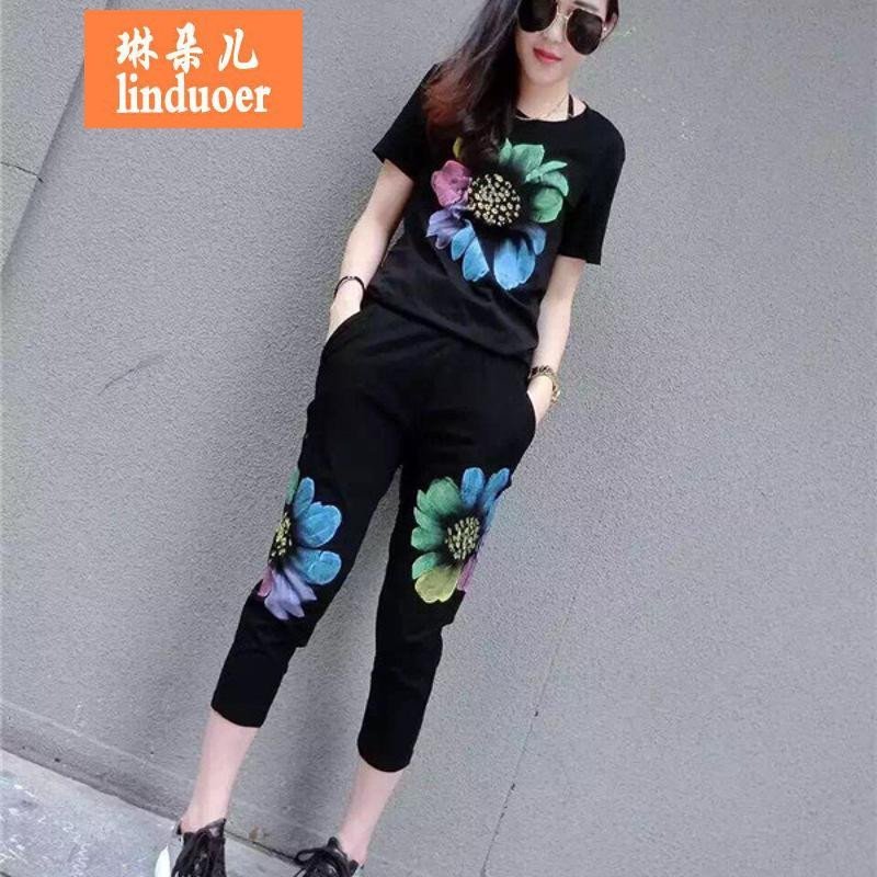 琳朵儿2017时尚春夏装潮流彩色烫钻太阳花图案上衣搭配休闲裤套装