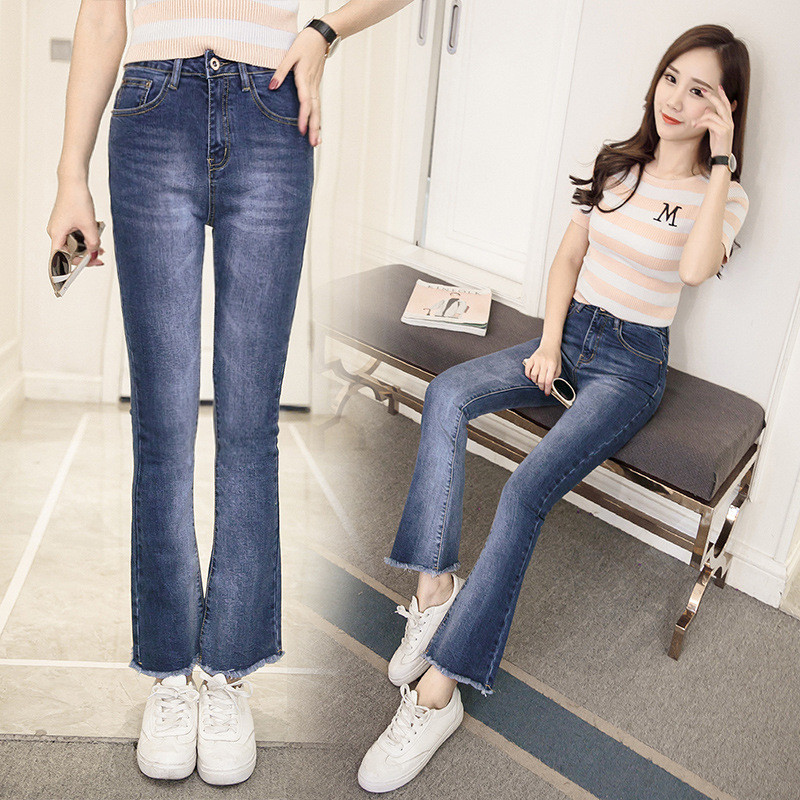 琳朵儿春夏弹力长毛边开叉裤脚牛仔裤女拼接不