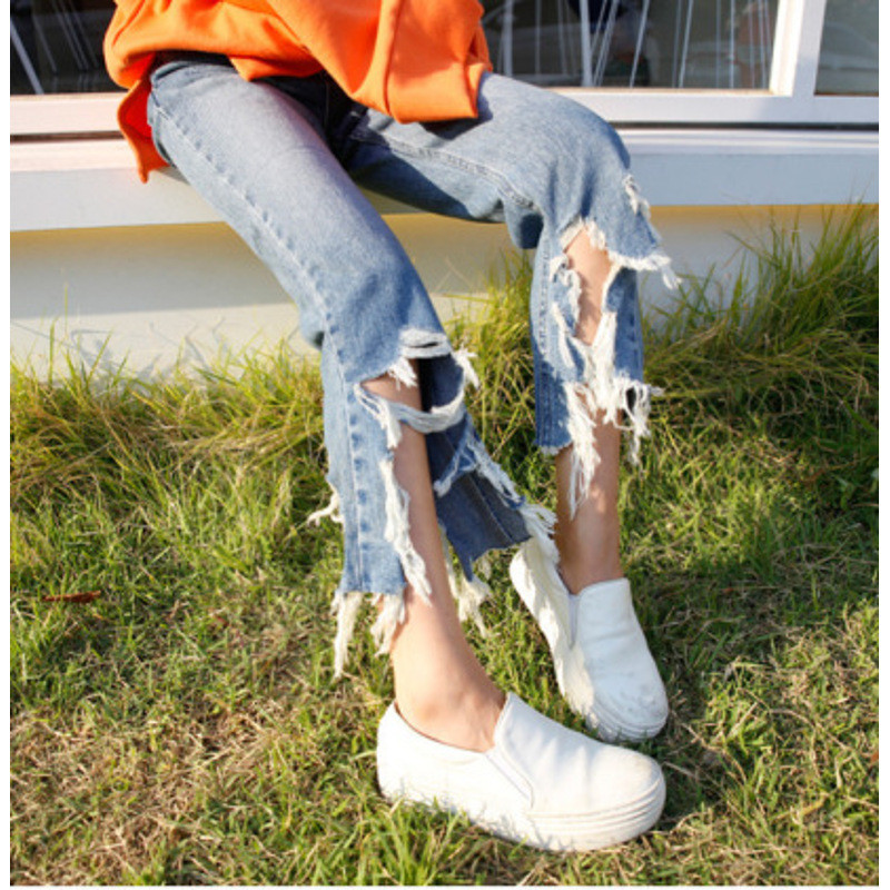 琳朵儿时尚新款破洞裤脚乞丐装牛仔裤 琳朵儿