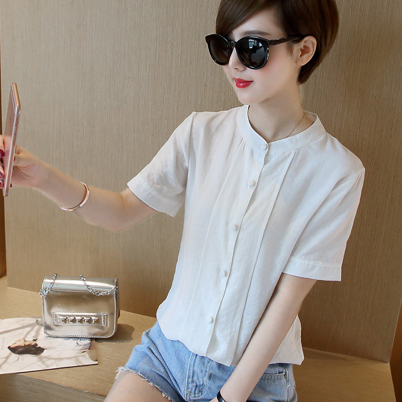 琳朵儿2017夏季韩版棉麻衬衫女宽松简约立领