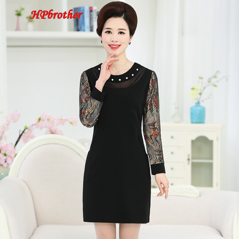 HPbrother2017春装新款中老年长袖连衣裙中长