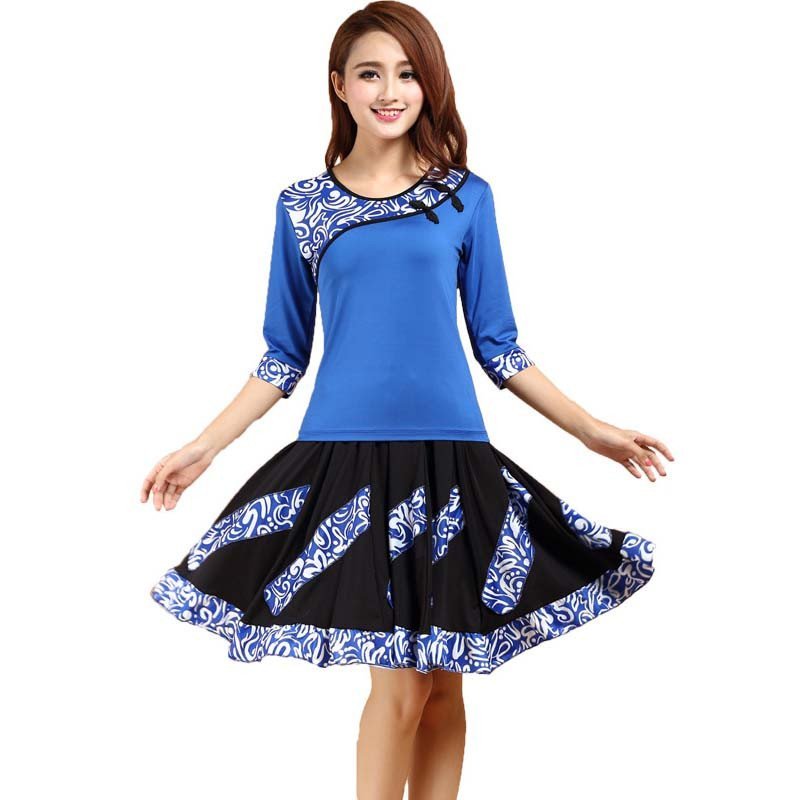 春秋季舞蹈服装 复古广场舞服装套装 青花瓷长中袖摆裙