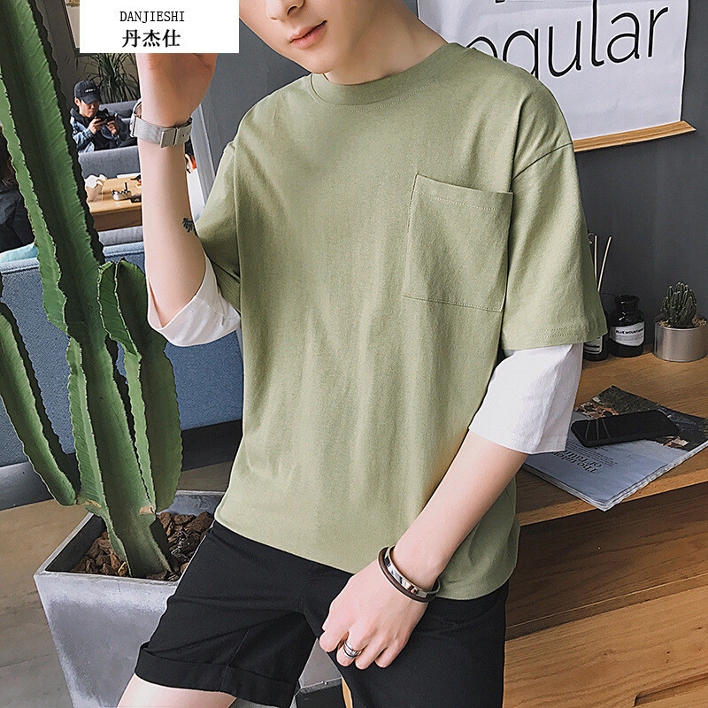 UYUK中袖T恤男新款夏季假两件衣服男士五分