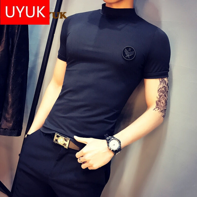 UK个性图标硬汉风男式修身紧身高领短袖T恤弹