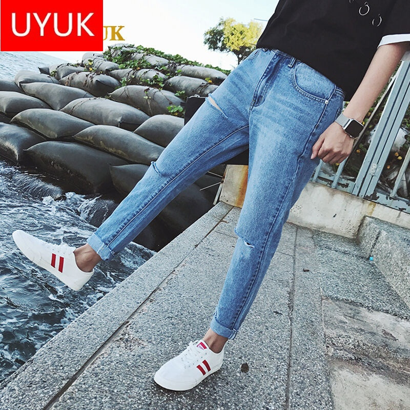 UYUK设计师\/潮牌男2017夏季男牛仔裤修身显