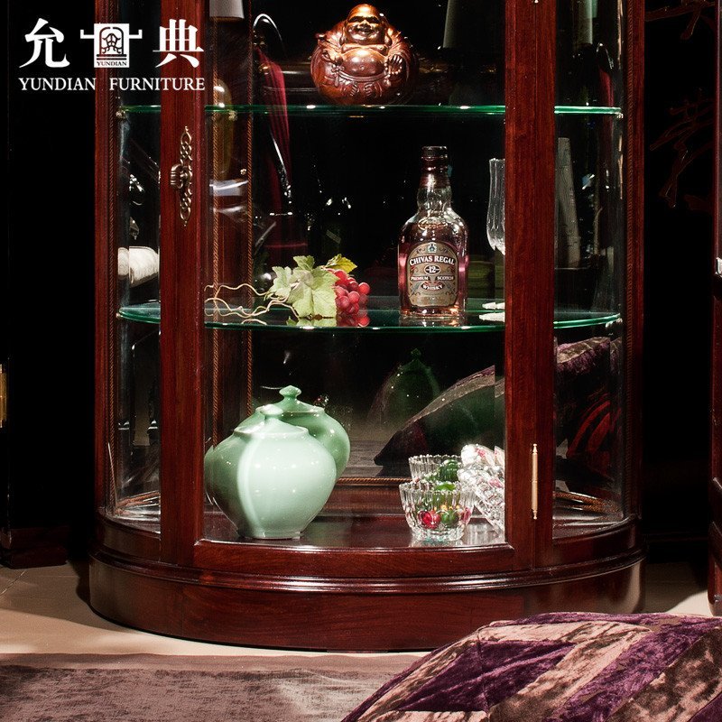 预售允典红木家具 花梨木欧式半圆酒柜 玻璃酒柜 客厅