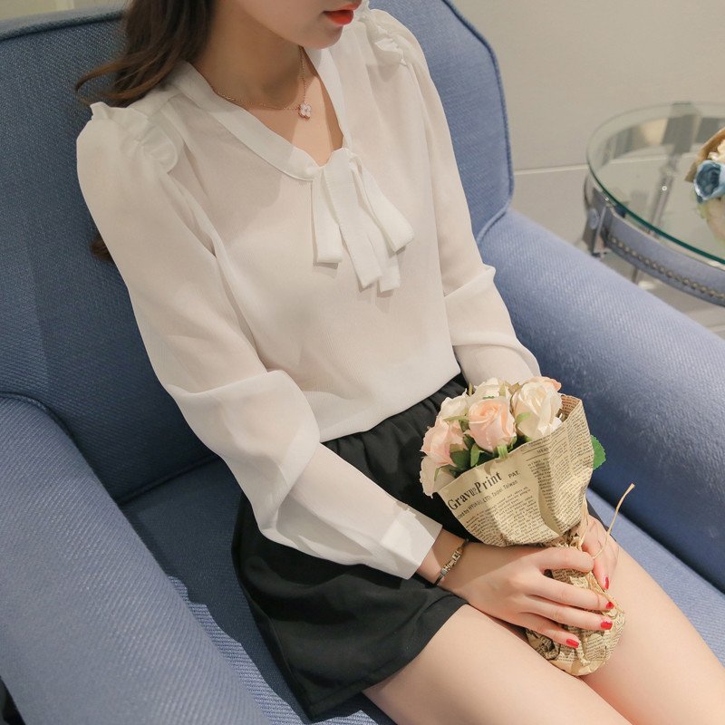 韩范甜美气质宽松显瘦蝴蝶结系带长袖雪纺衬衫打底衬衣2016夏季新款纯色气质时尚休闲女衬衫上衣短袖白衬衣 艾芬俪(AIFENLI)雪纺衫821【价格 图片 品牌 报价】-苏宁易购萌萌哒服饰专营店
