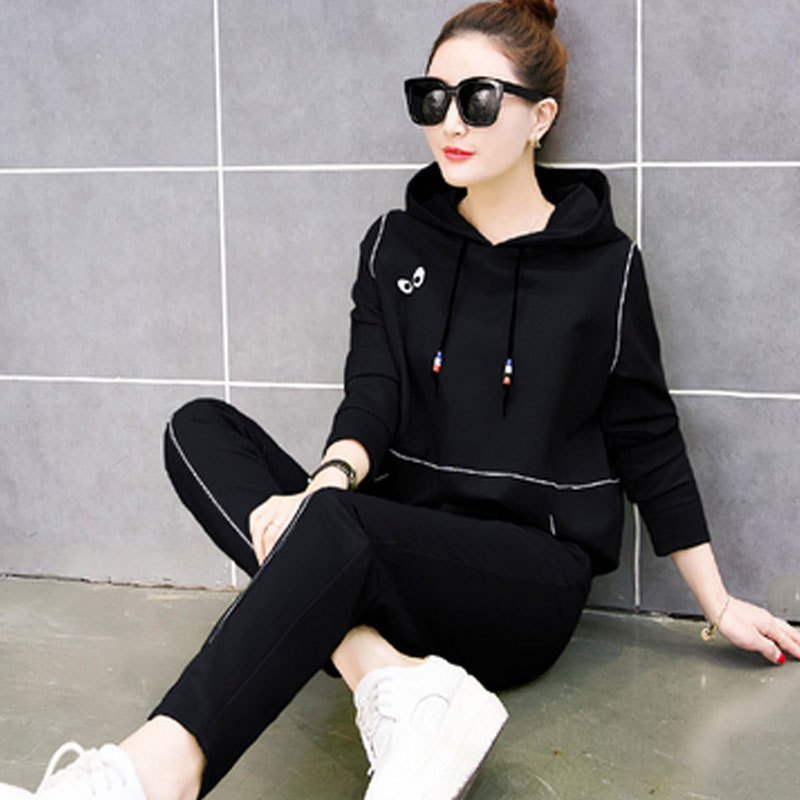 女学生修身休闲服抽绳连帽绣花贴布卡通动漫连帽拉链装饰长袖卫衣小脚