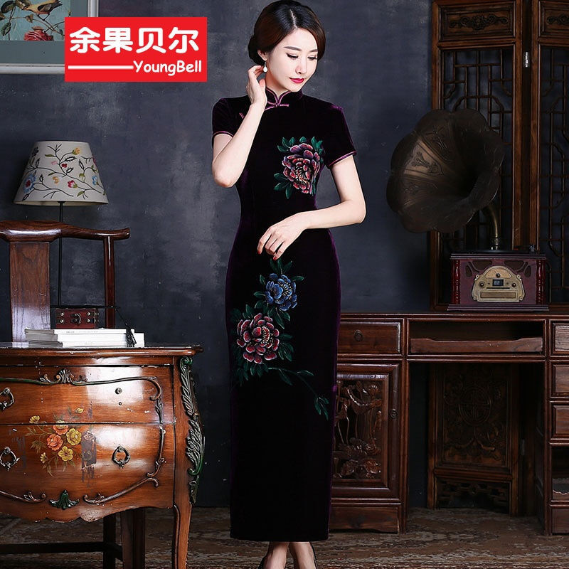 余果贝尔古典中国风女装金丝绒旗袍女装长款修