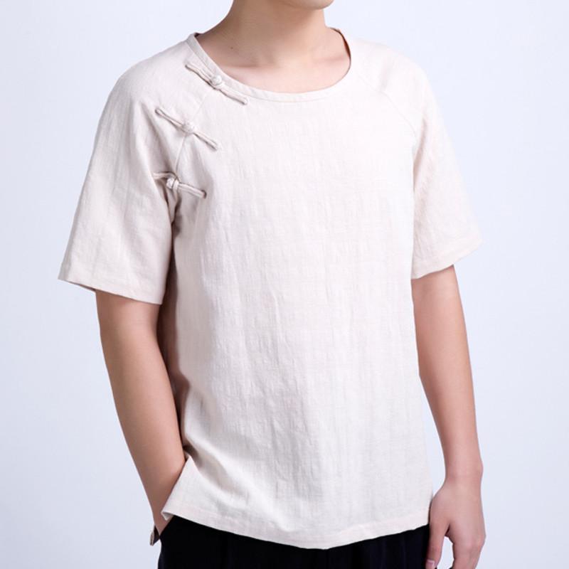 夏季中国风男装亚麻男士短袖T恤中式斜襟盘扣