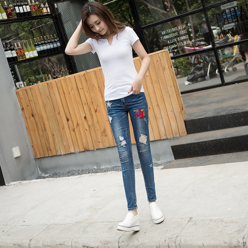 韩雪青青2017牛仔裤女中腰长裤新款修身显瘦