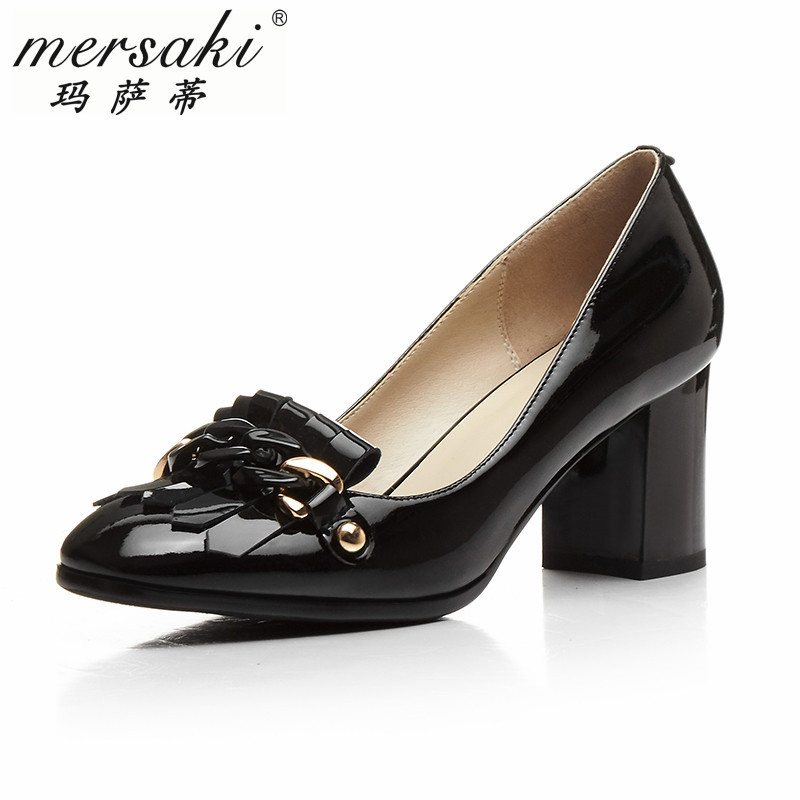 玛萨蒂品牌女鞋 欧洲站粗跟单鞋女式中跟漆皮