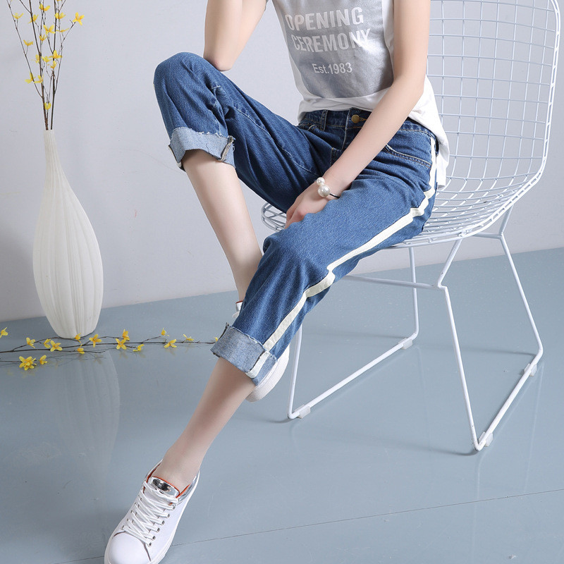 春款牛仔裤女高腰阔腿裤卷边直筒宽松韩国学生