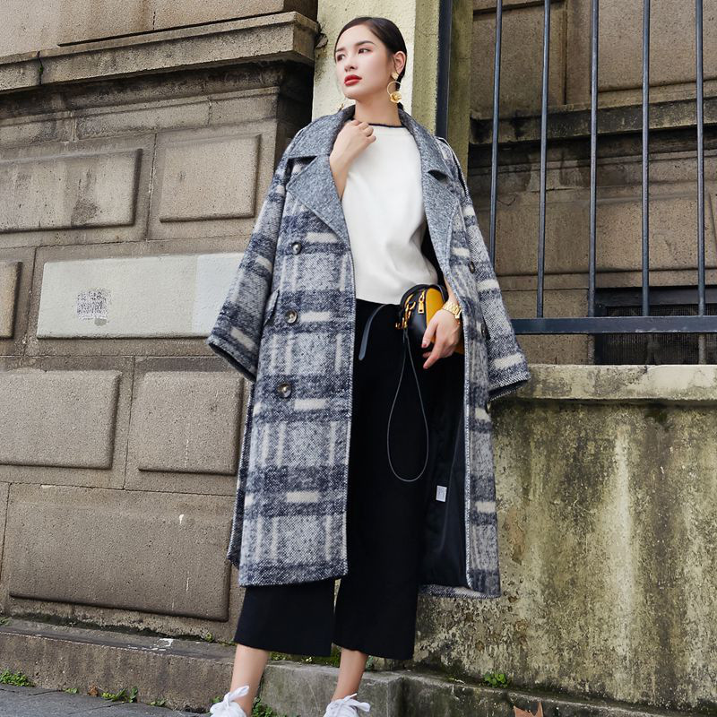 复古格子大衣女冬加厚中长款过膝长款呢子大衣