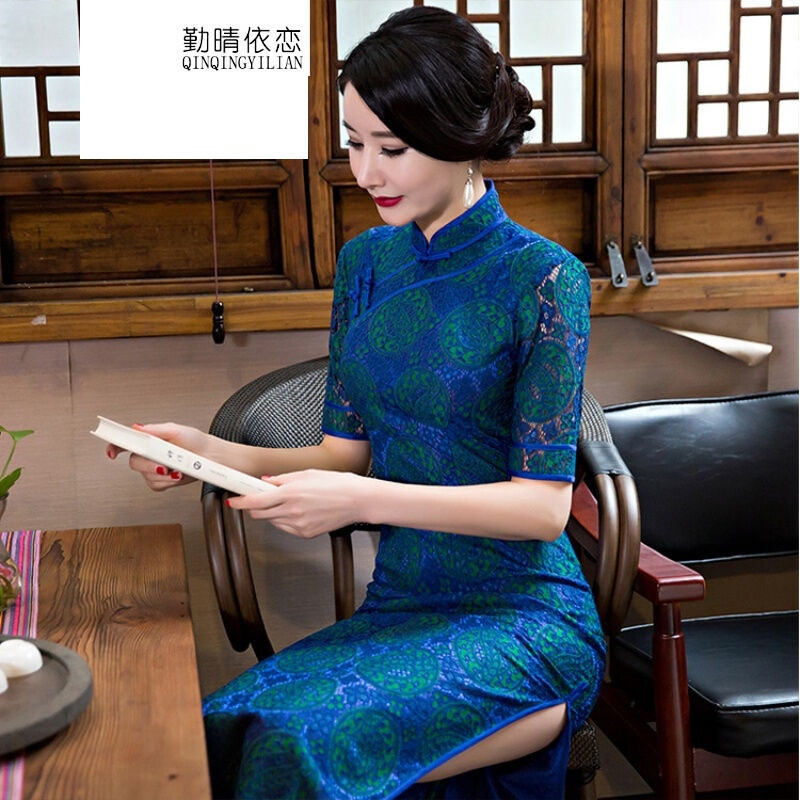 勤晴依恋2017春季新款长款印花旗袍复古高开