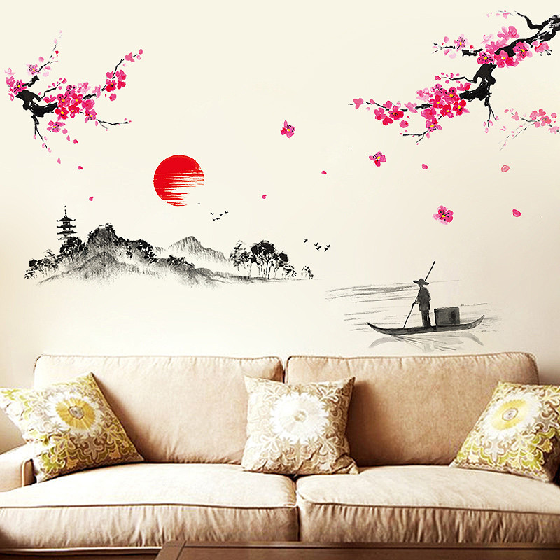 墙贴 贴纸 卧室客厅书房电视墙壁大面积墙贴 中式山水墙贴画 风景画