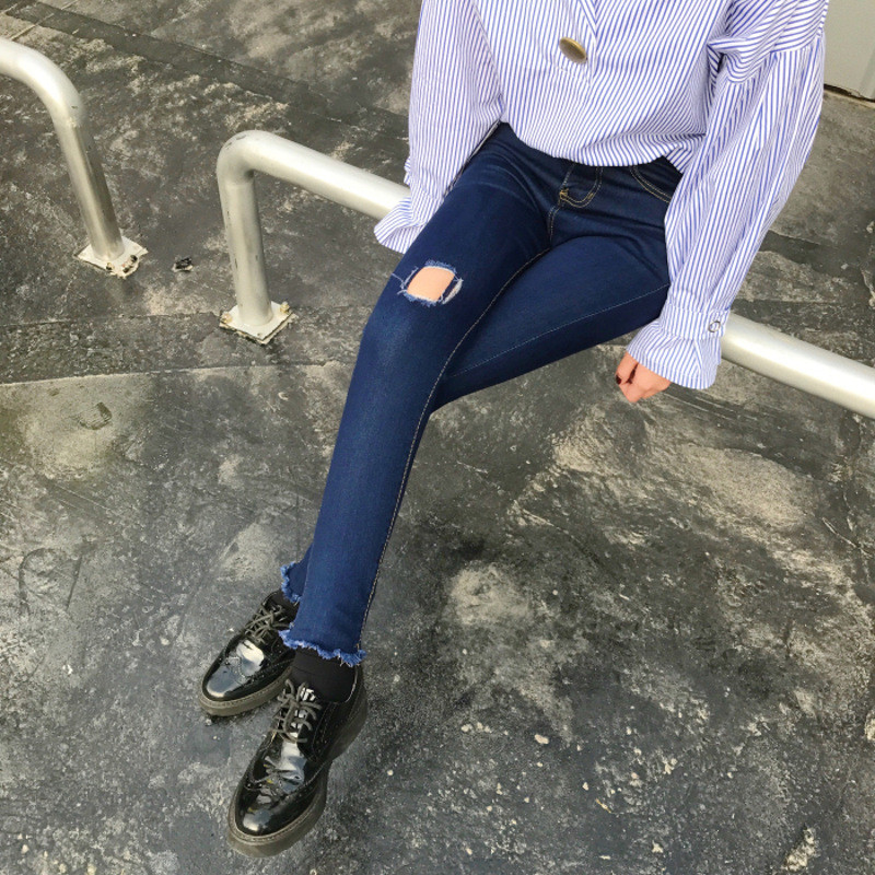 魅言魅语2017#实拍高腰膝盖破洞牛仔裤女学生
