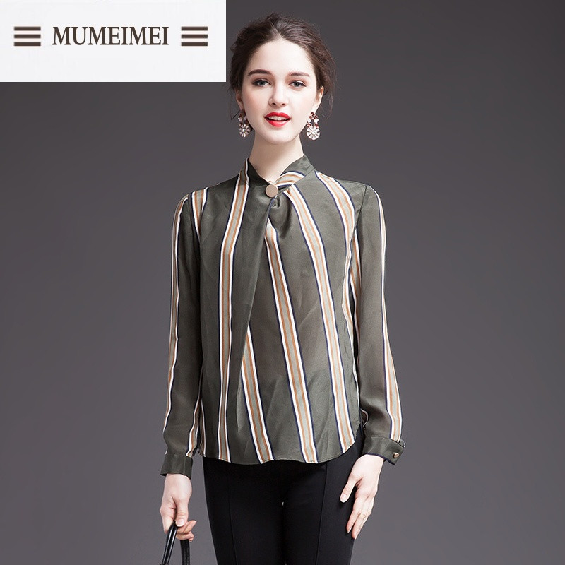 MUM2017春装新款女式简约长袖条纹真丝衬衫