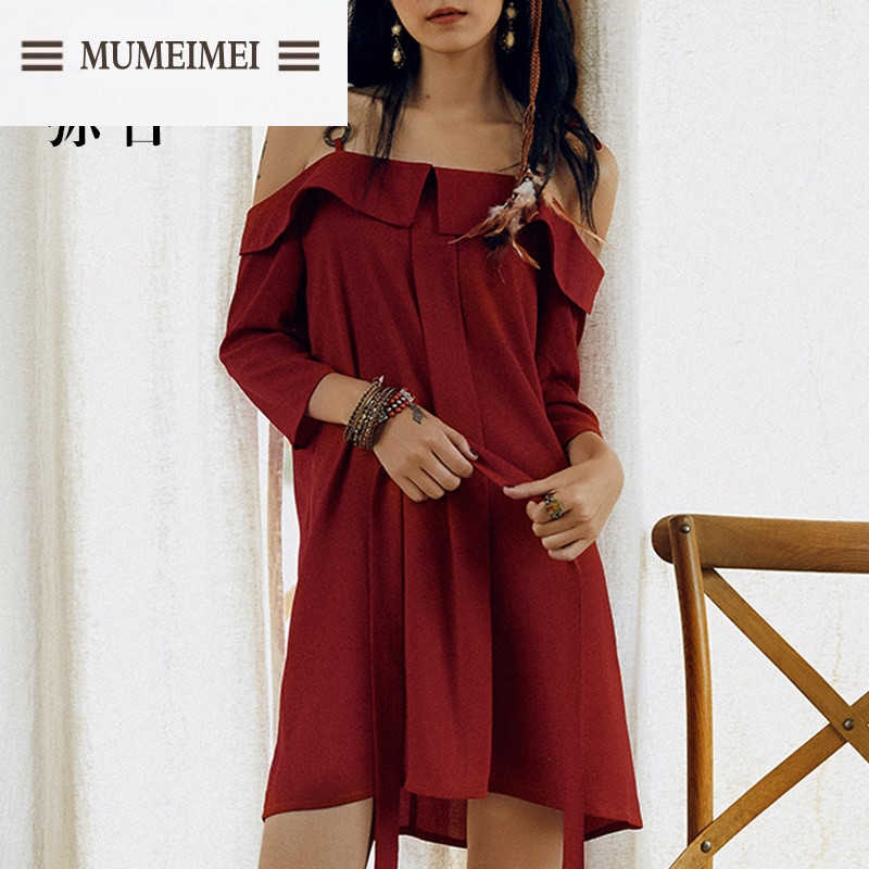 MUM2017春装红色连衣裙海滩裙度假沙滩裙吊