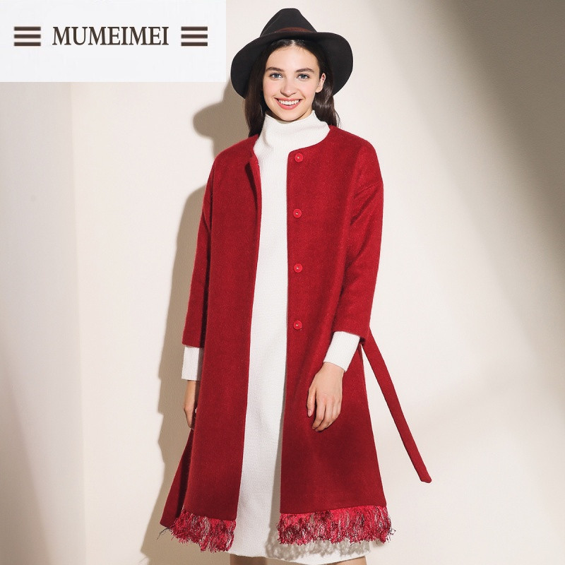 MUM2016冬装新款女装 复古流苏圆领中长款纯
