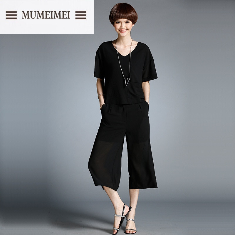 MUM2017夏装新款女装大码时尚休闲两件套黑