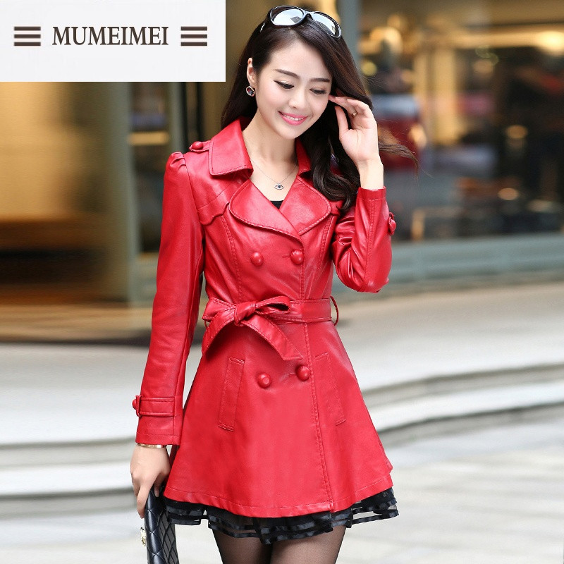 MUM2017春秋新款大码女装皮衣外套女士中长