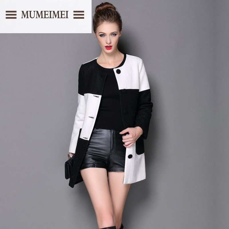 MUMO欧洲站2014新款秋冬装黑白格子毛呢外