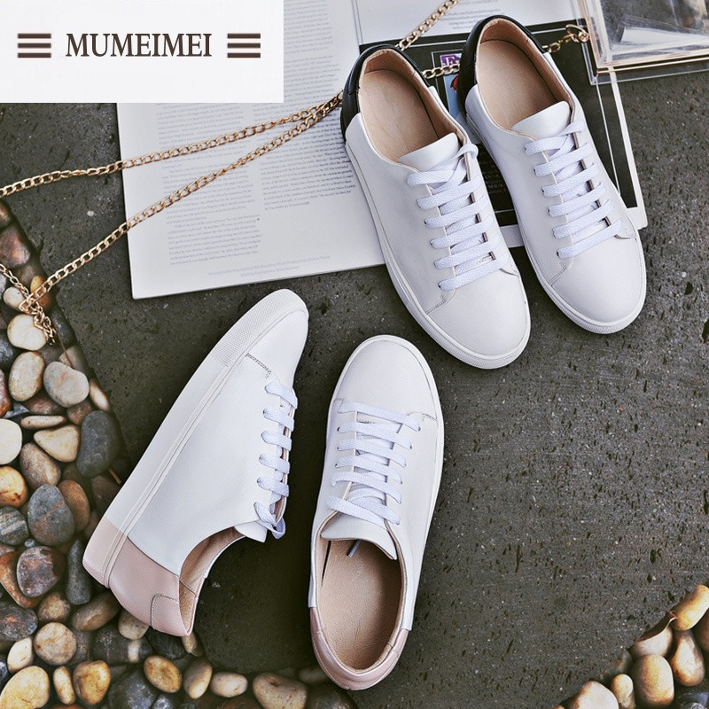 MUM春秋季小白鞋女内增高真皮 拼色系带韩版