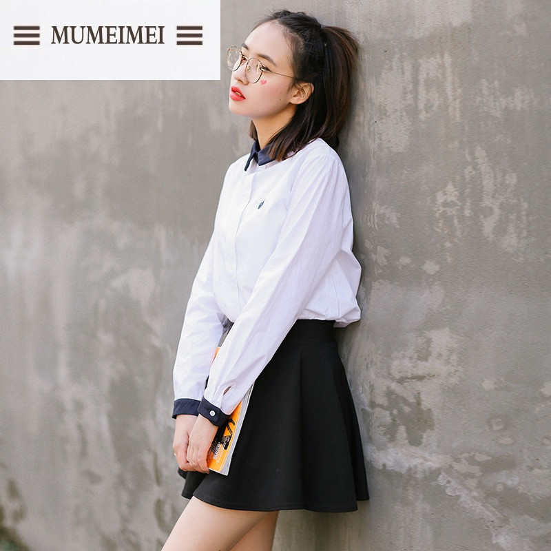 MUM2017春装新款女装韩版黑白拼色娃娃领白