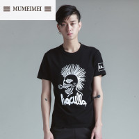 mum夏季新款圆领短袖t恤男 抽象人头像抽象印花字母t恤打底衫潮