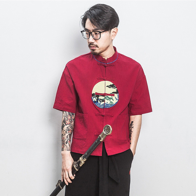 夏季亚麻中国风刺绣短袖t恤男日系复古中式盘