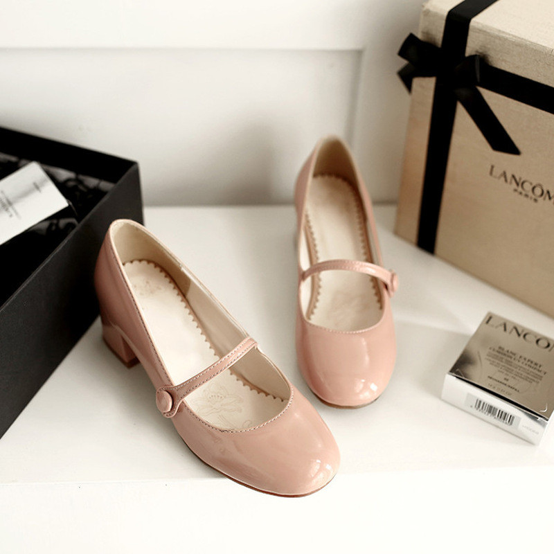 春季新款女鞋粗跟中跟鞋复古玛丽珍鞋一字扣带单鞋百搭学生小皮鞋