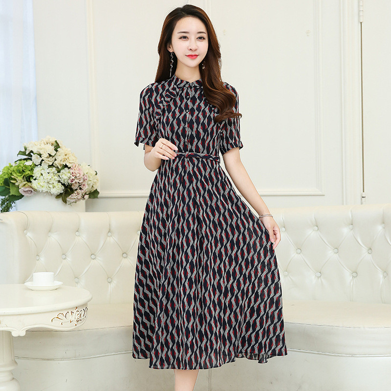 2018新款夏季长款修身裙子短袖收腰显瘦印花雪纺长裙连衣裙女夏