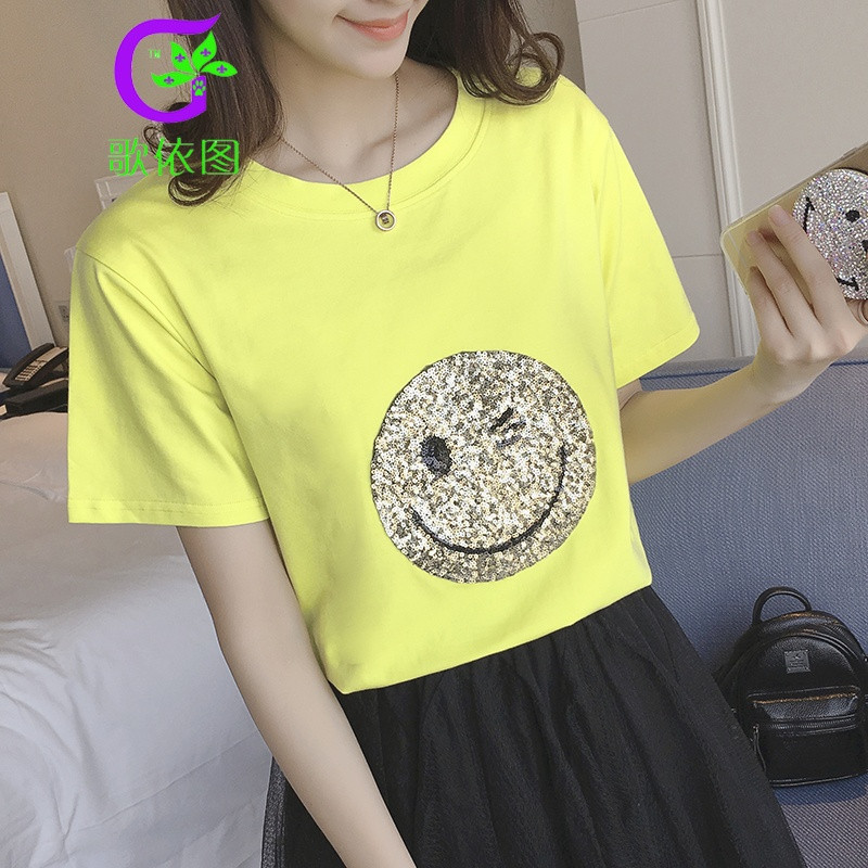 歌依图 实拍夏季笑脸图案t恤短袖女体恤宽松韩