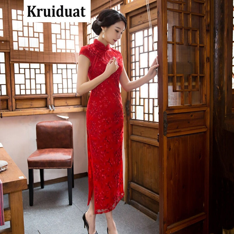 Kruidvat2017新款时尚喜庆蕾丝旗袍连衣裙修身